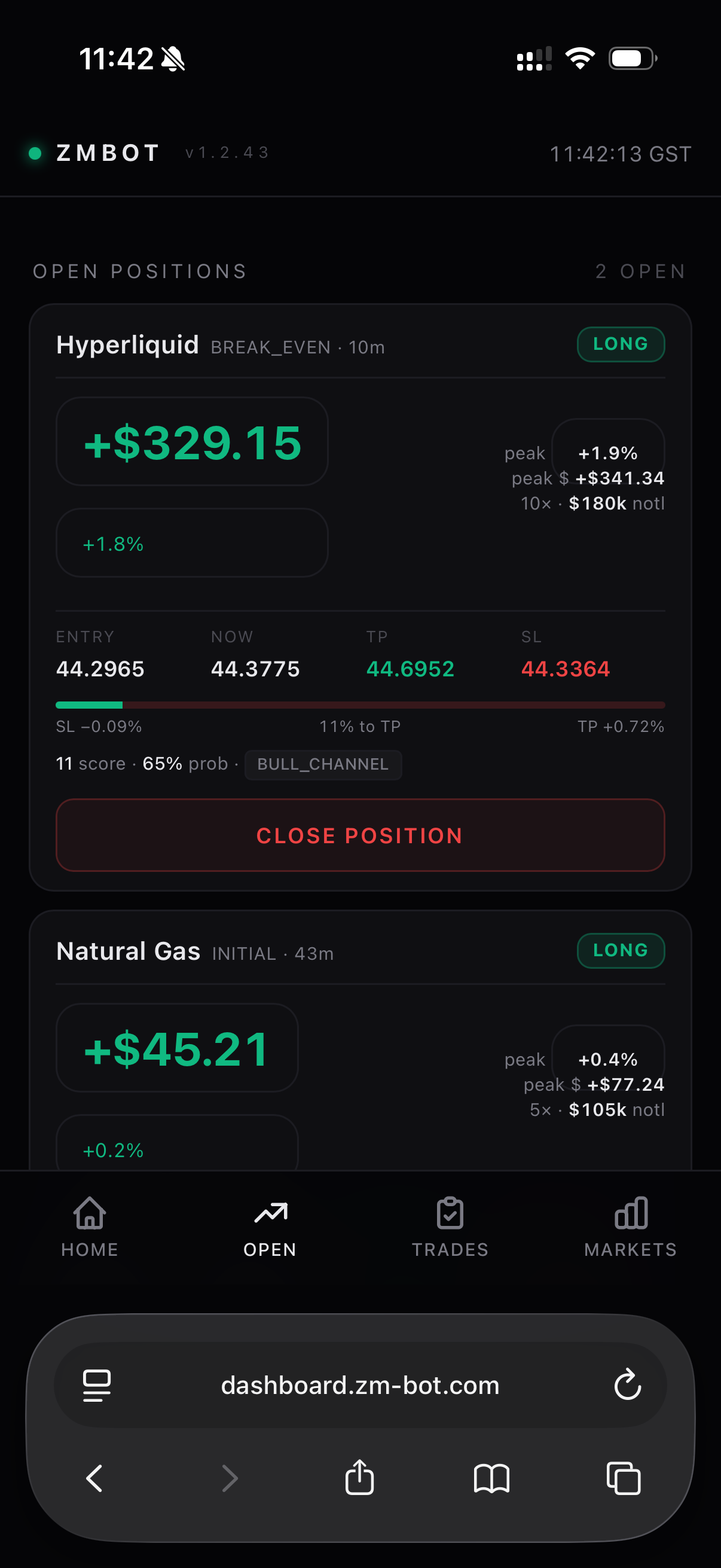 ZMBOT mobile dashboard — Open positions screen showing Hyperliquid LONG +$329, Natural Gas LONG +$45, with live SL, TP, peak P&L and leverage